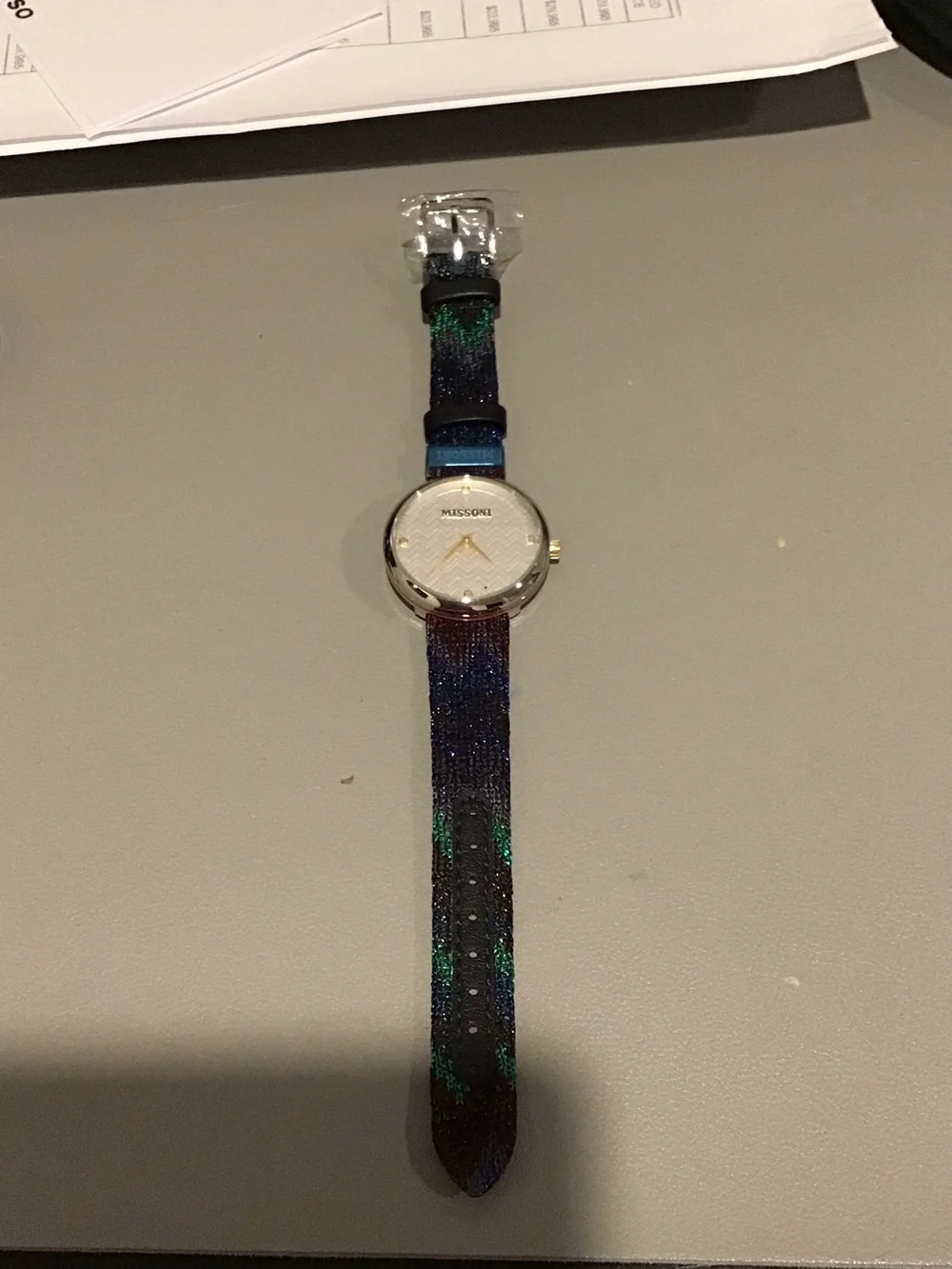 Missoni Silver-Tone Watch with Blue, Green & Brown Patterned Strap